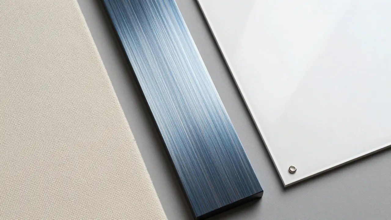 Detailní pohled na textury plátna a kovových panelů na zeď.