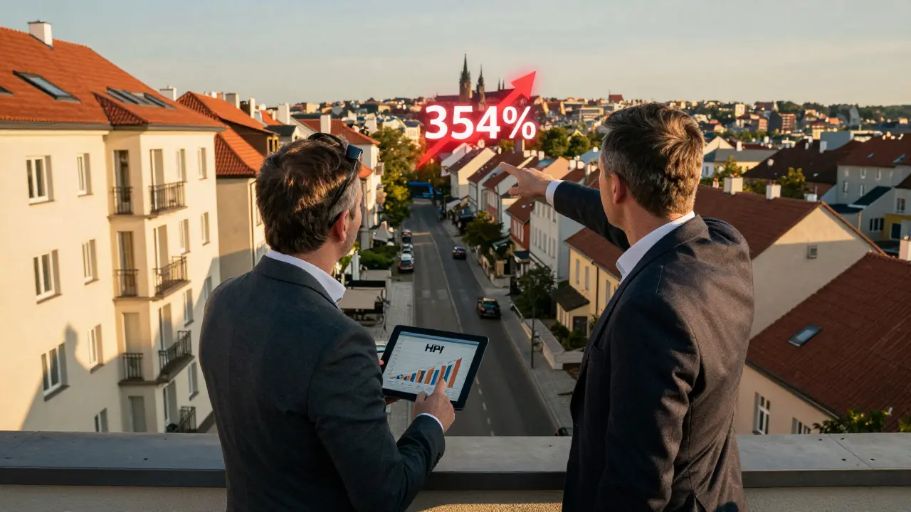 Dva investoři na střeše v Praze s tabletovým grafem HPI, kteří ukazují na vzdálené Ústí nad Labem s výrazným růstem cen nemovitostí.