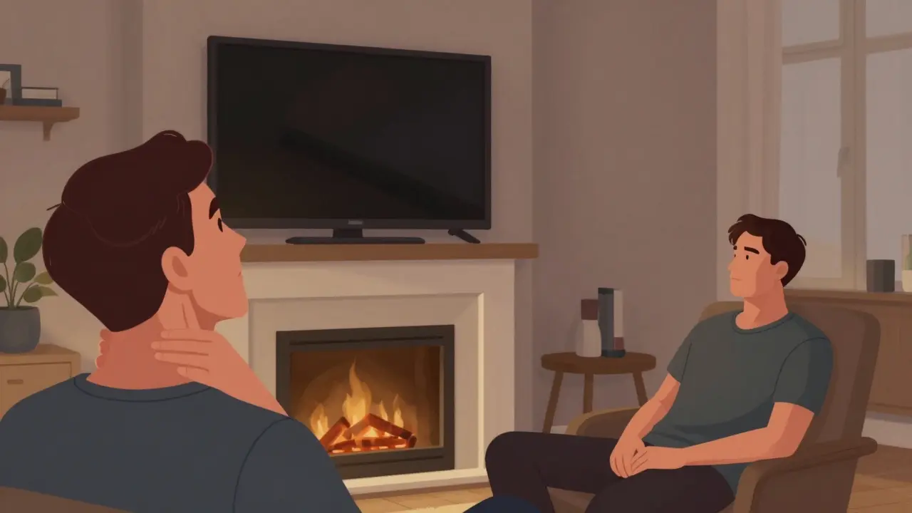 Dva pohledy na sledování TV: jeden s napjatým krkem nahoru, druhý s přirozenou polohou a nakloněnou televizí, v českém bytě.