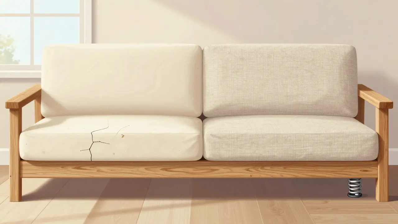 Dvě pohovky vedle sebe: jedna levná a špatná, druhá kvalitní s recyklovanou látkou a pevnou konstrukcí.