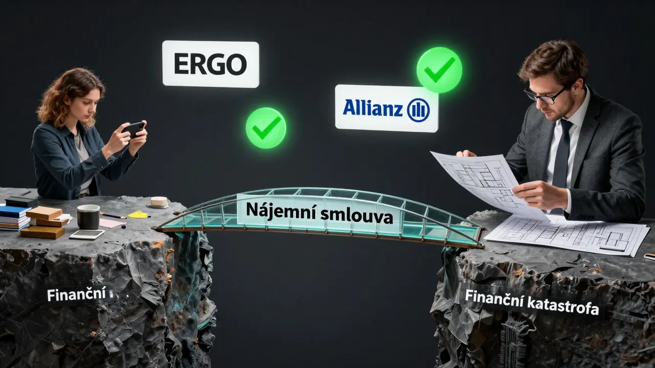 Fragilní most mezi dokumentací a finanční katastrofou, s logo pojišťoven v popředí.