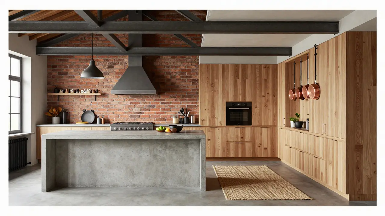 Hybridní industriální kuchyně s kombinací surových a teplých materiálů