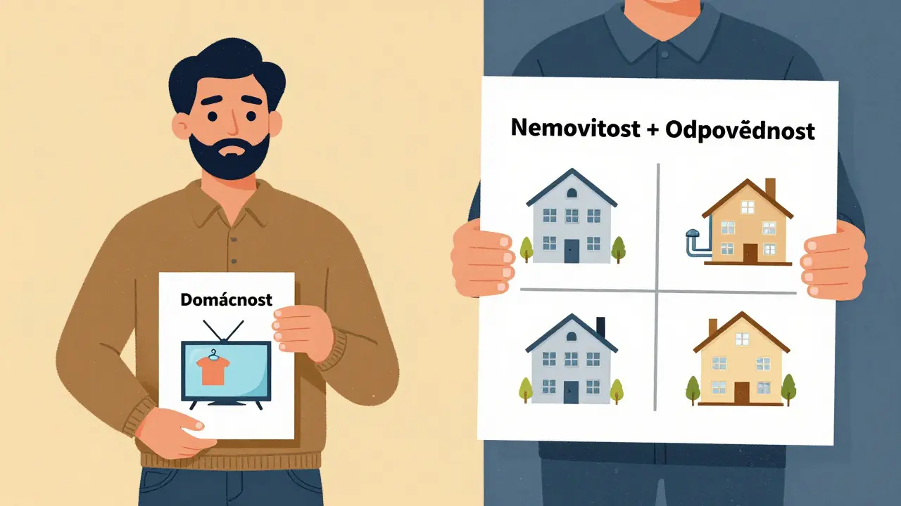 Kontrast mezi malým pojištěním domácnosti a velkým pojištěním nemovitosti s odpovědností.