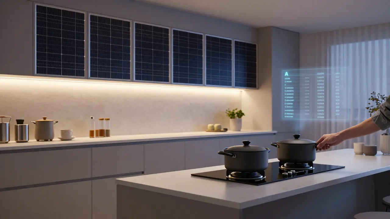 Kuchyň s integrovanými fotovoltaickými panely a modulárním ostrůvkem, připravená na budoucí technologie.