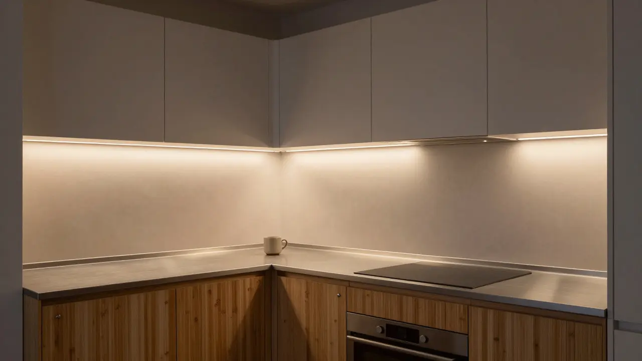 Kuchyň v soumraku s skrytým LED osvětlením, kombinací laminátu, nerezové oceli a bambusových dveří.