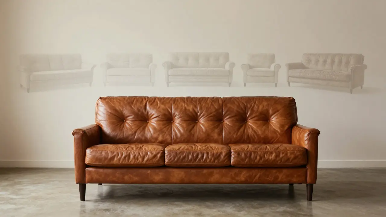 Kvalitní kožená pohovka v minimalistickém interiéru, za níž se ztrácí stopy pěti vyhozených pohovek.