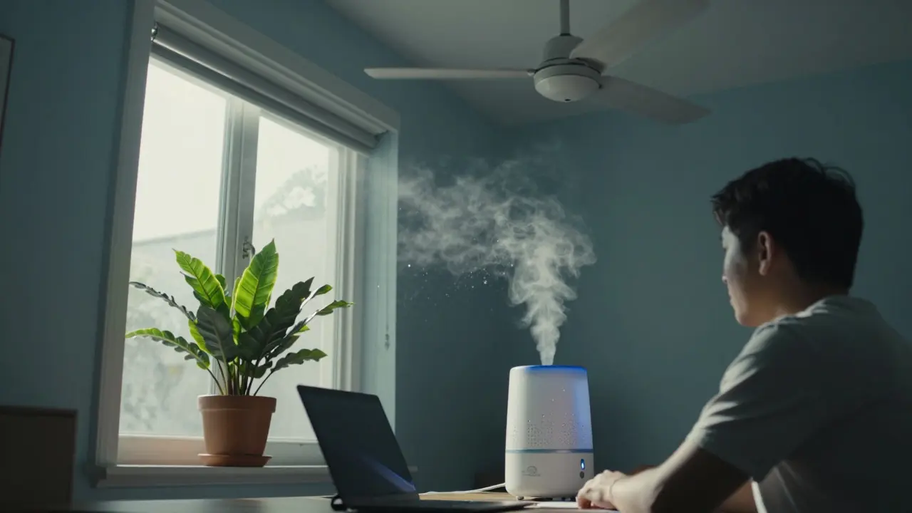 Lidé pracují v letní kanceláři s otevřeným oknem, rostlinou a větrákem směřujícím ke stropu, aby se vyhnuli přímému proudění vzduchu.