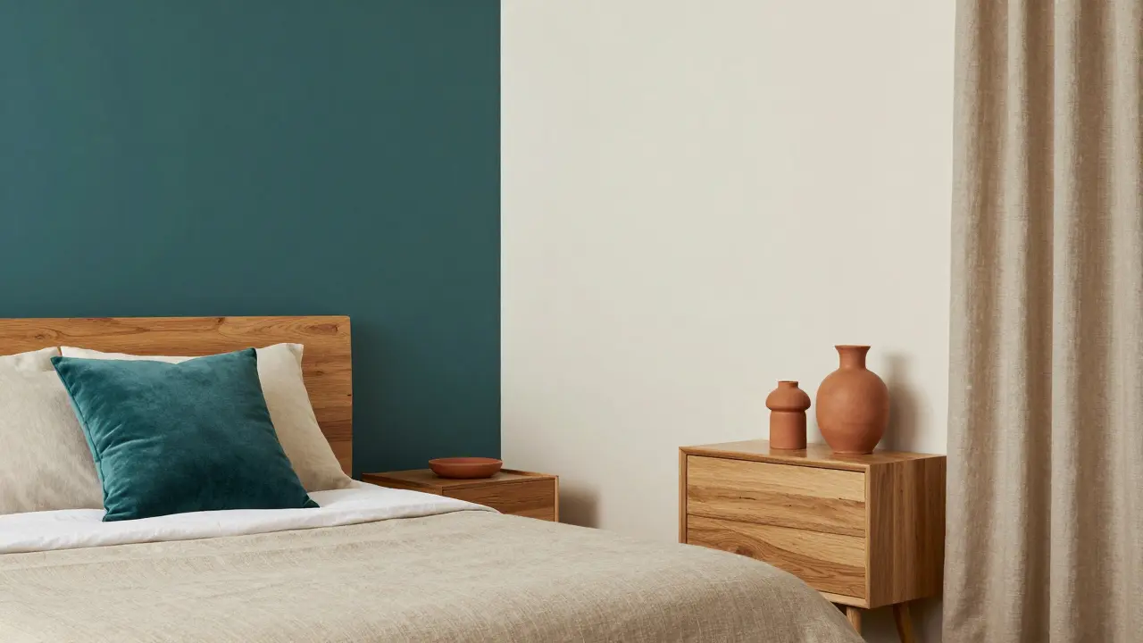 Ložnice s barvou roku 2026 Transformative Teal, kombinující teplé a studené tóny v rovnováze.