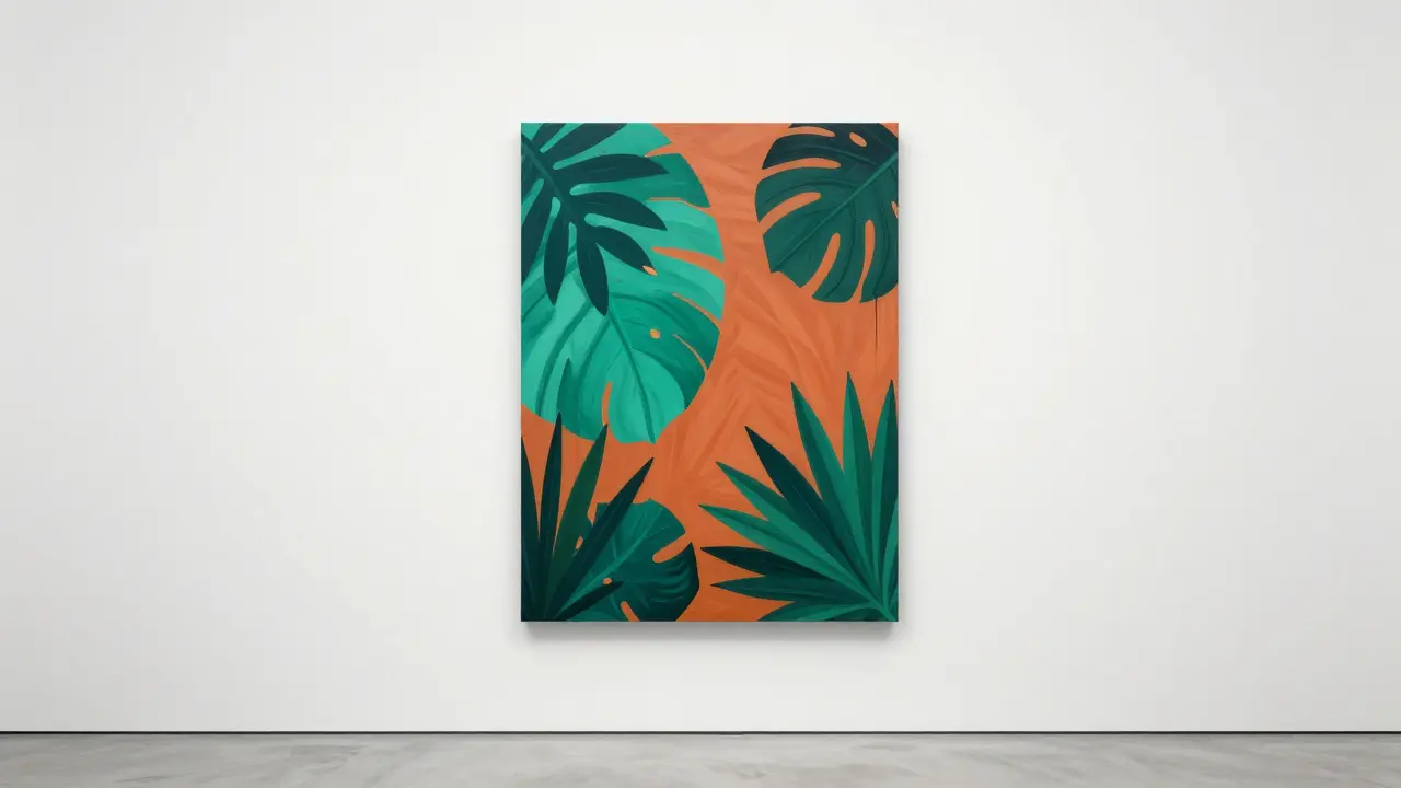 Moderní minimalistická zdi s velkým obrazem v přírodních barvách.