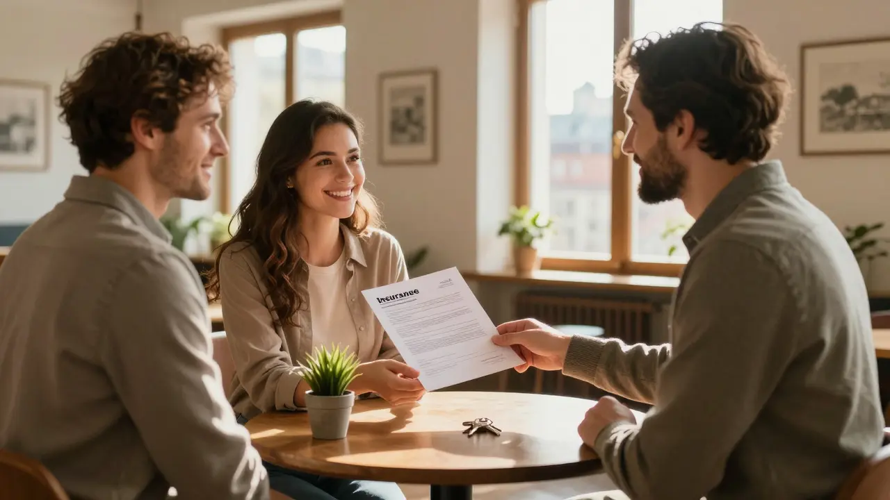 Nájemník předává pojišťovací smlouvu pronajímateli v bytovém domě, oba se usmívají.