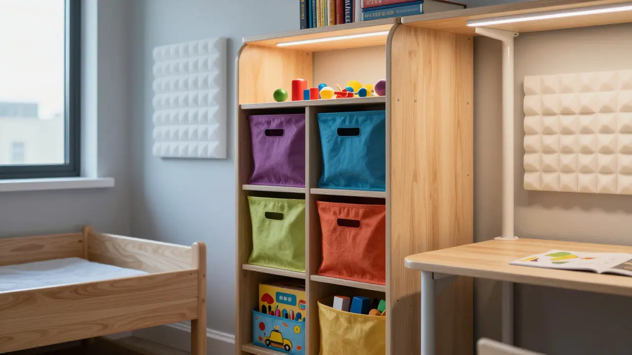 Otevřené regály s hračkami a akustické panely na stěně