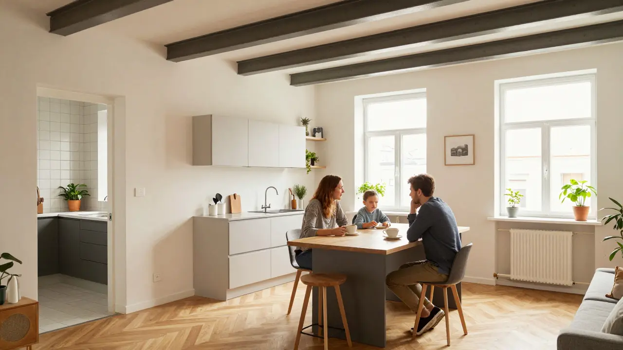 Otevřený bytový prostor s kuchyní a koupelnou po bezpečné rekonstrukci.