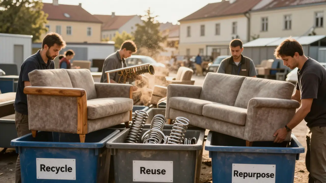 Pracovníci na recyklačním centru rozkládají staré sedačky na složky pro recyklaci.