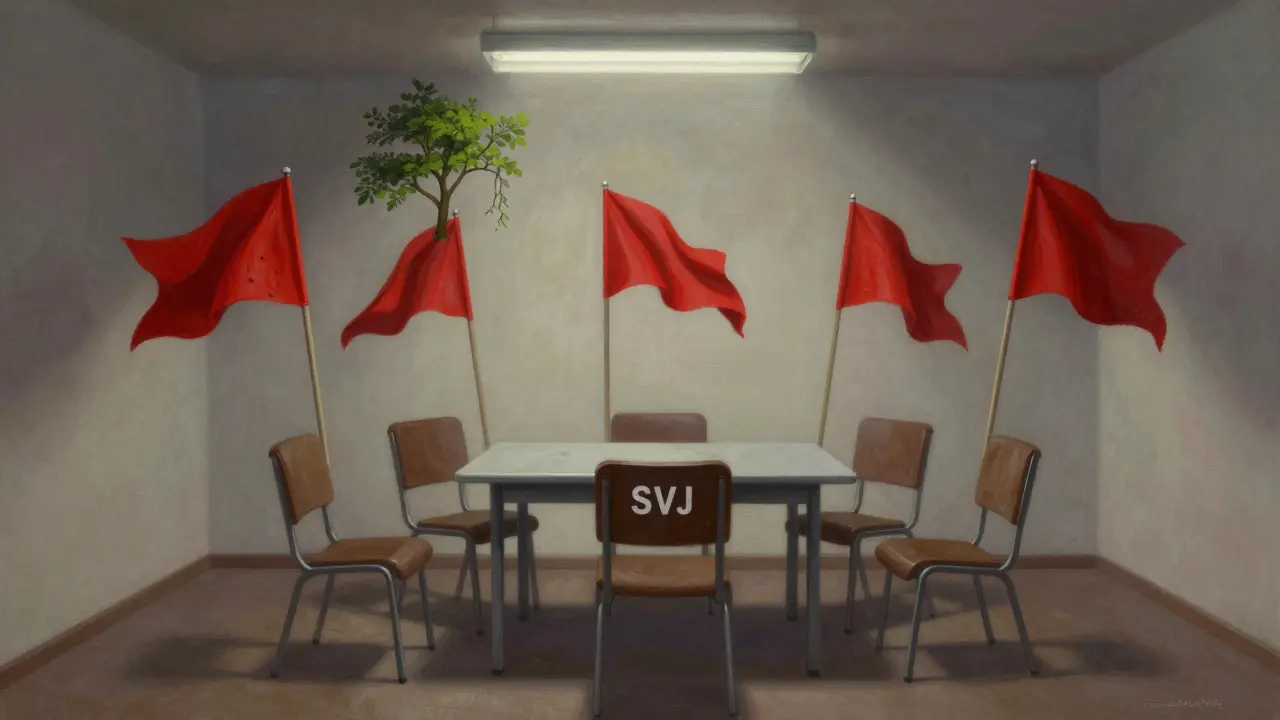 Prázdné židle na schůzi SVJ s červenými vlajkami symbolizujícími sousedské spory.