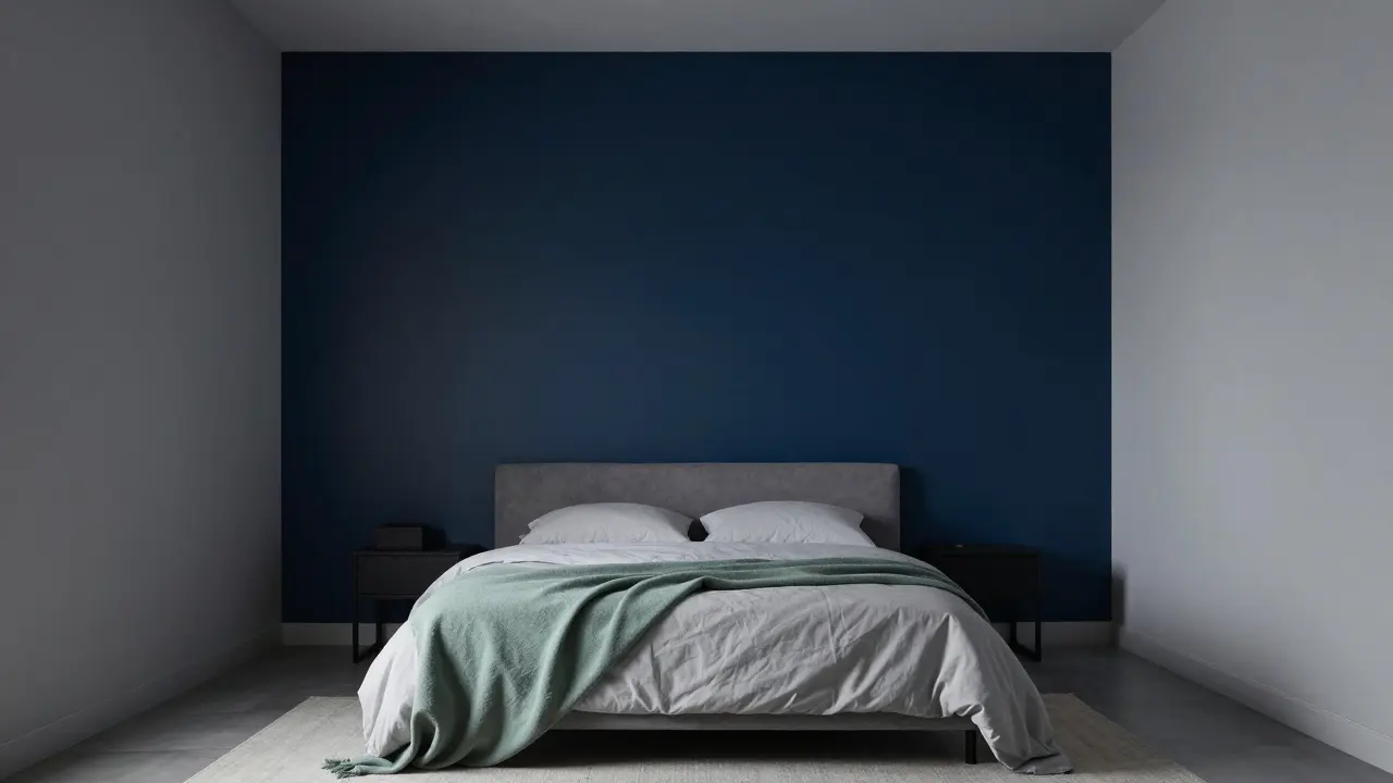Prostranná ložnice s tmavě modrou akcentovou stěnou a chladnými odstíny pro klidný odpočinek.