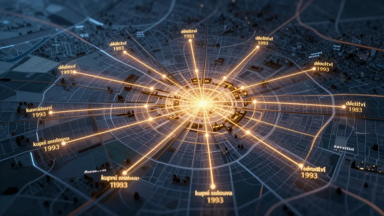 Průhledná mapa Česka s zlatými cestami ukazujícími historii převodů vlastnictví nemovitosti od roku 1993.
