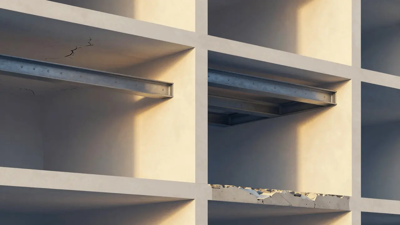 Průřez panelového domu ukazující skryté nosné ocelové nosníky a jejich správné vyztužení.