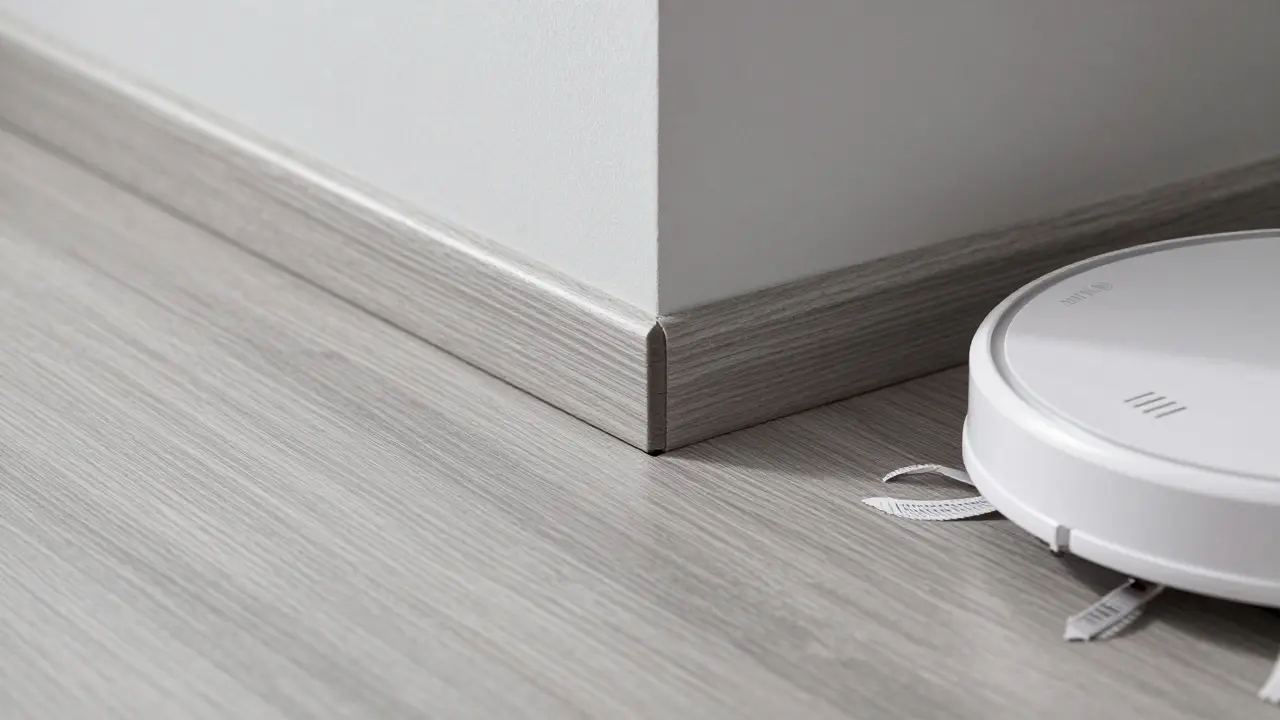 Robo-vysavač bez překážek jezdí přes dokonalý spoj podlahových prken.