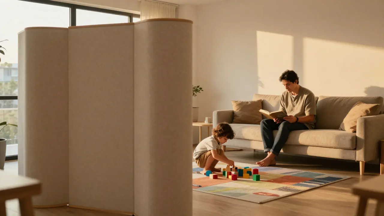 Rodina v obýváku kde si hrává malé dítě poblíž rodičů