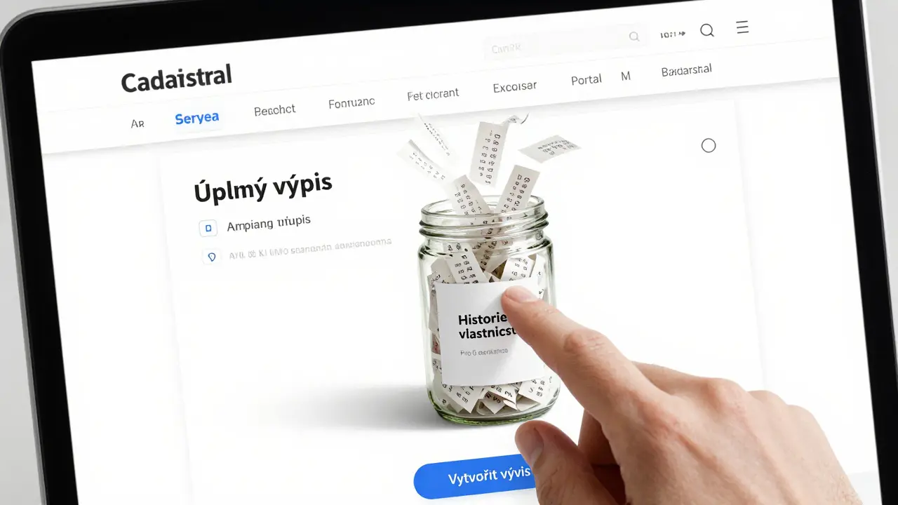 Ruka kliká na tlačítko pro generování úplného výpisu z katastru nemovitostí, na obrazovce se objevuje PDF s historií vlastníků.