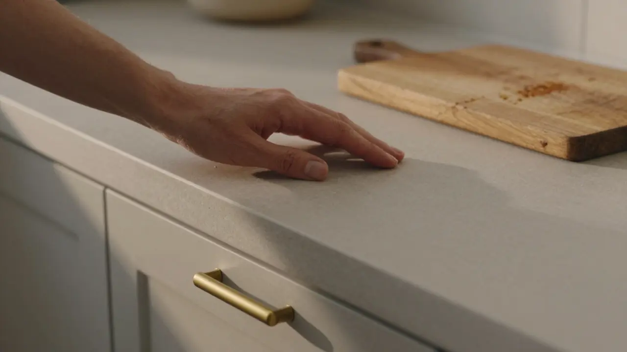 Ruky hladící hladký kámen na kuchyňské desce s tichým kovovým západkou a dřevěnou deskou s náznaky užívání.