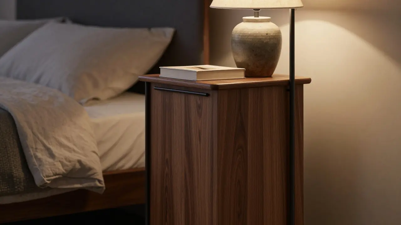 Úzký vysoký noční stolek z tmavého dřeva.