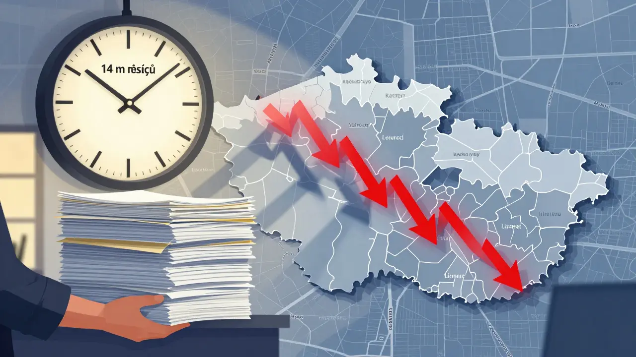 Vývojář drží stoh dokumentů pod hodinami označenými '14 měsíců' nad mapou Česka.