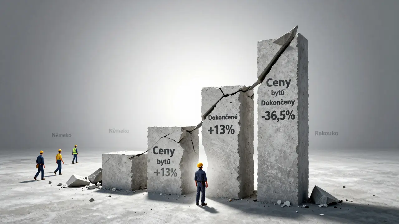 Zlomený betonový blok tvaru grafu s protichůdnými štítky cen a počtu bytů, pracovník hledí nahoru.