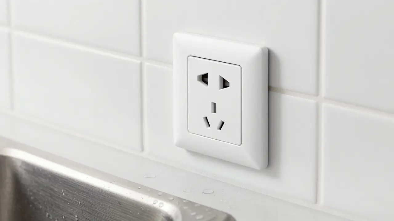 Detail bezpečnostní zásuvky s krytím IP40 umístěné v bezpečné vzdálenosti od dřezu.