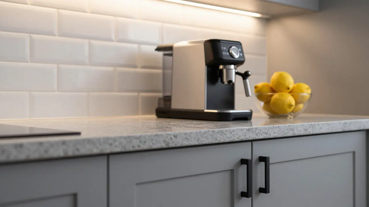 Detail moderní pracovní desky z křemene, bílého obkladu a elegantních černých úchytek.