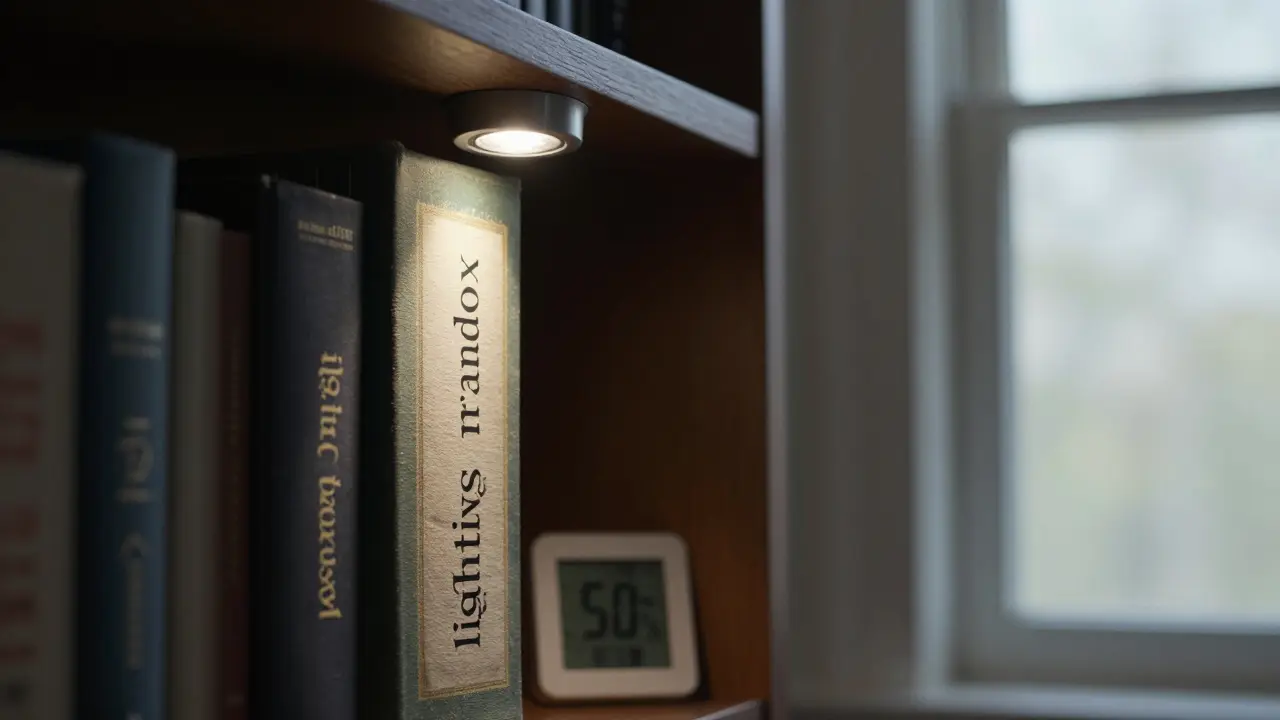 Detail osvětlení a hygrometru pro správnou péči o papírové dokumenty.
