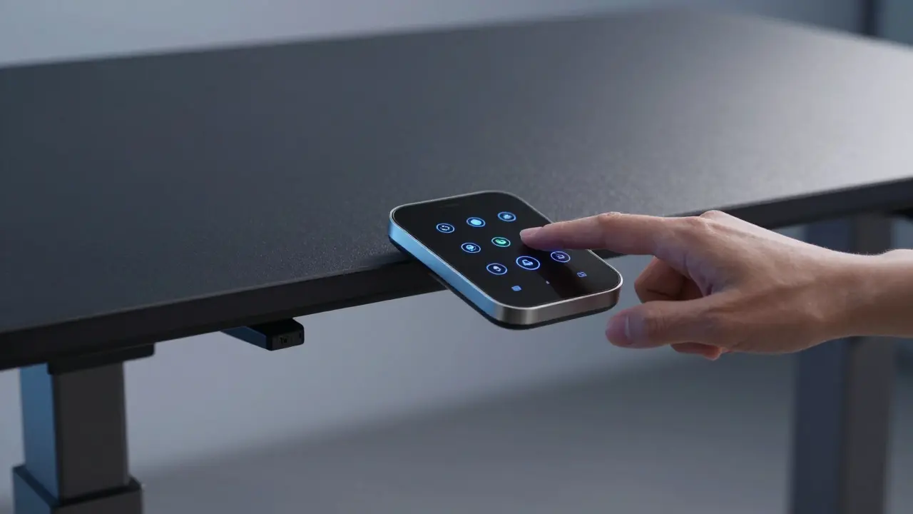 Detail ovládacího panelu s paměťovými tlačítky elektrického výškově nastavitelného stolu.