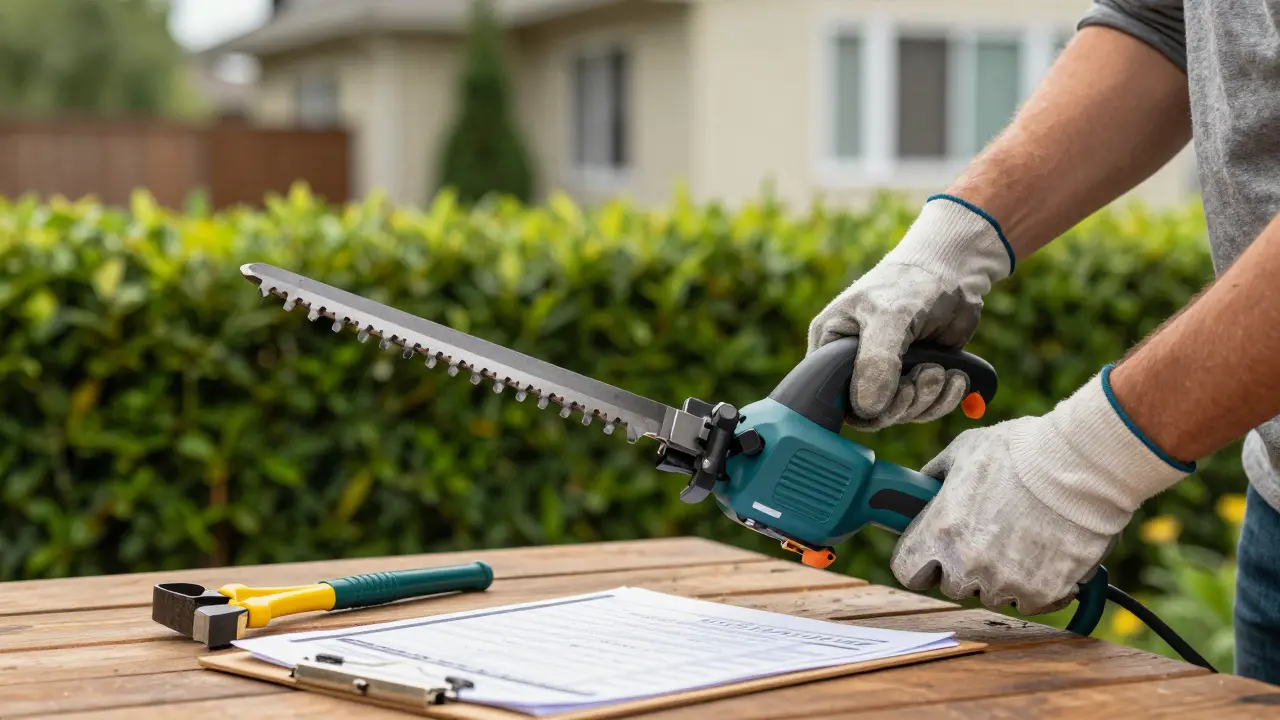 Detail rukou v zahradních rukavicích při údržbě živoplotu v zahradě.