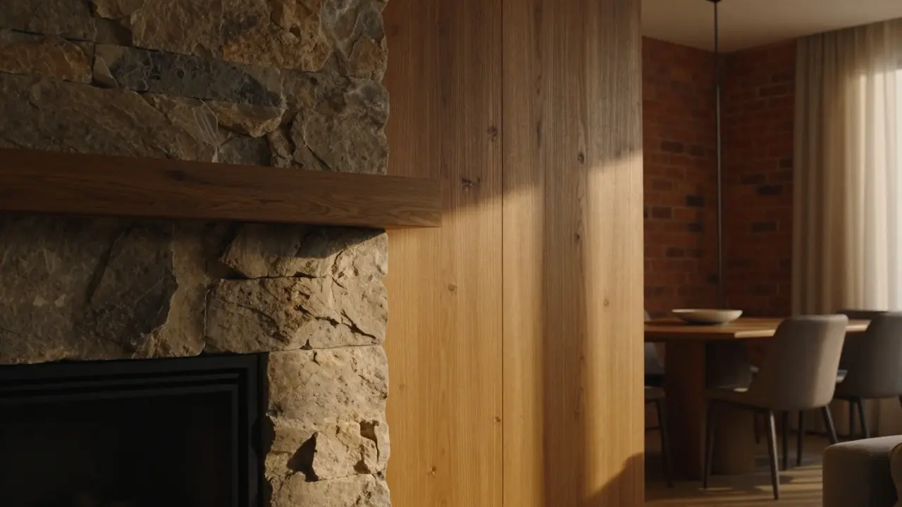 Detailní pohled na kombinaci přírodního kamene, dřeva a cihlové stěny v obývacím pokoji.