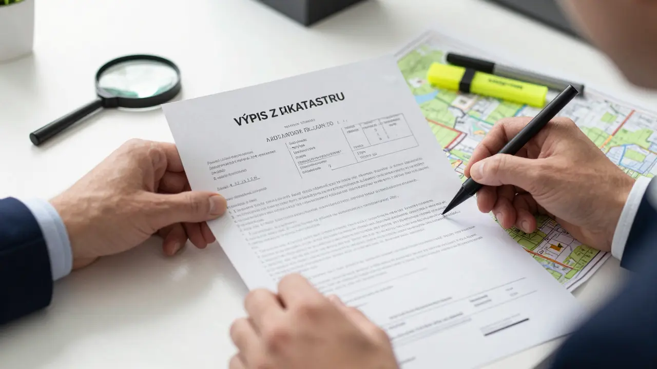 Detailní pohled na kontrolu výpisu z katastru nemovitostí a parcelní mapy na stole v kanceláři.