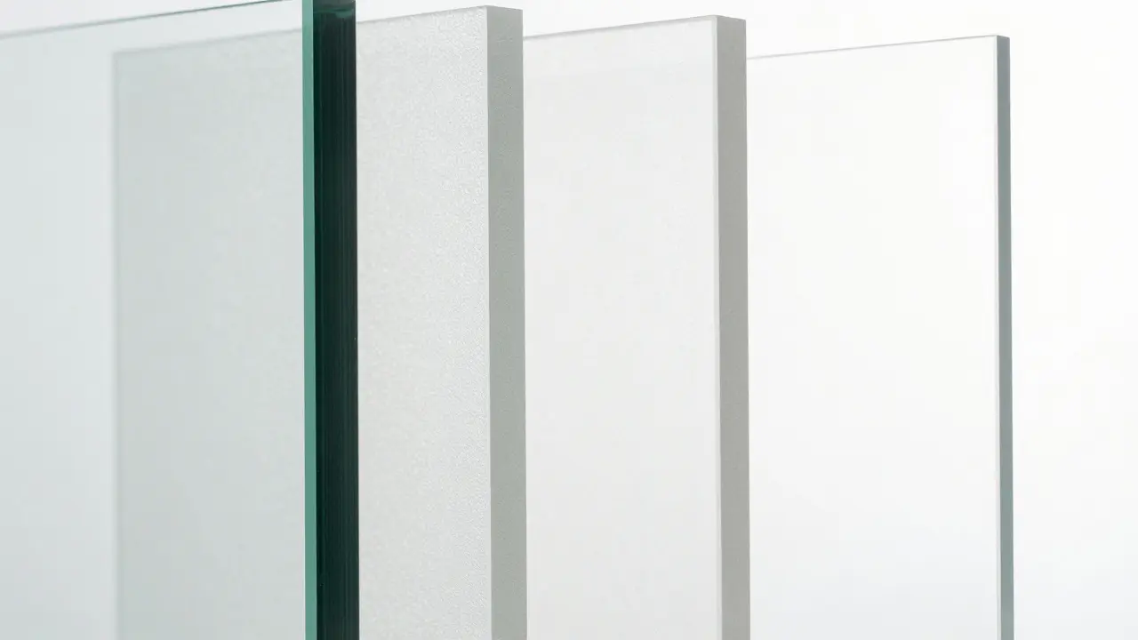Detailní srovnání materiálů: vrstvené sklo, matný polykarbonát a čiré plexisklo.