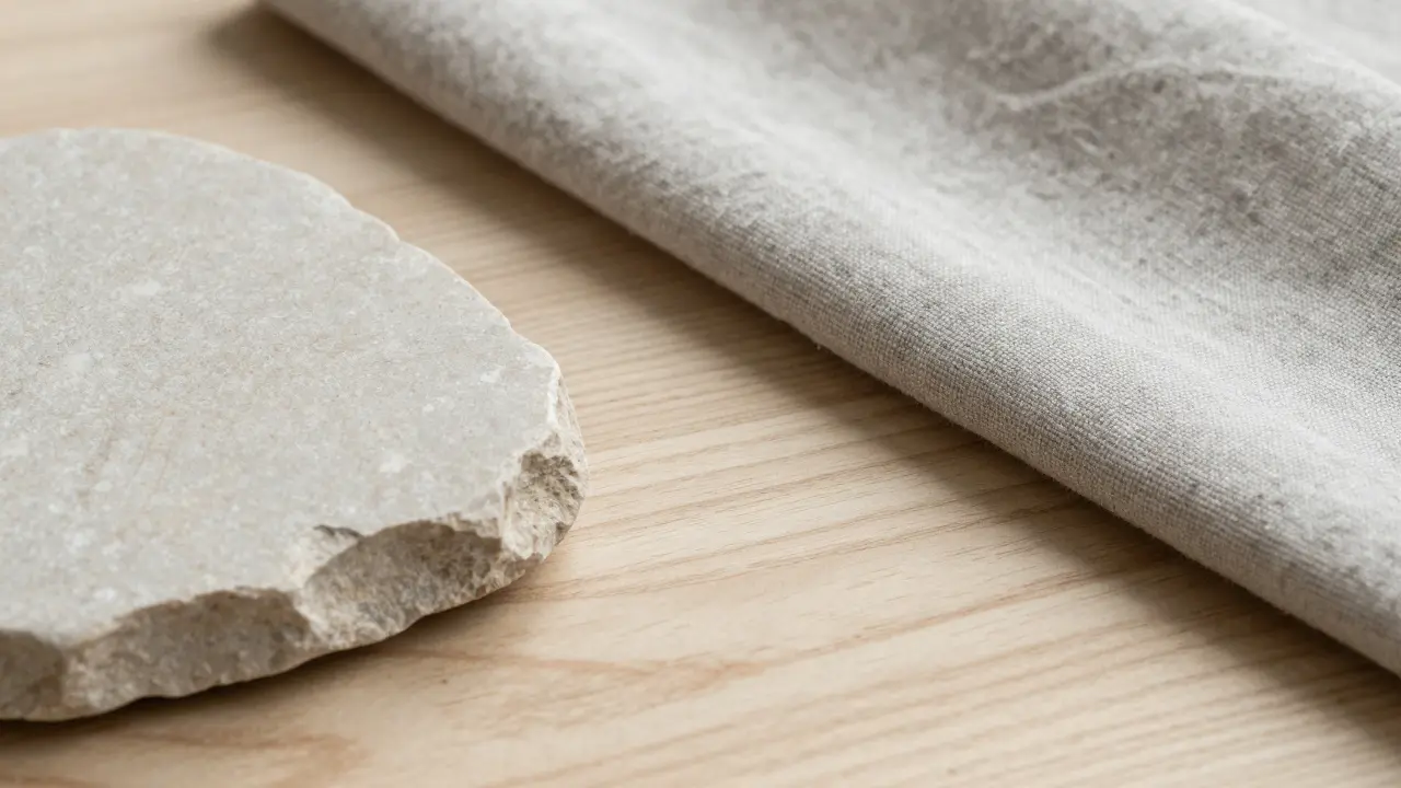 Detailní záběr na přírodní materiály: len, světlý dub a kámen v neutrálních tónch.