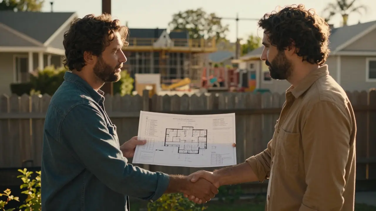 Dva sousedé se domlouvají u plotu nad plány budoucí stavby za zlaté hodiny.