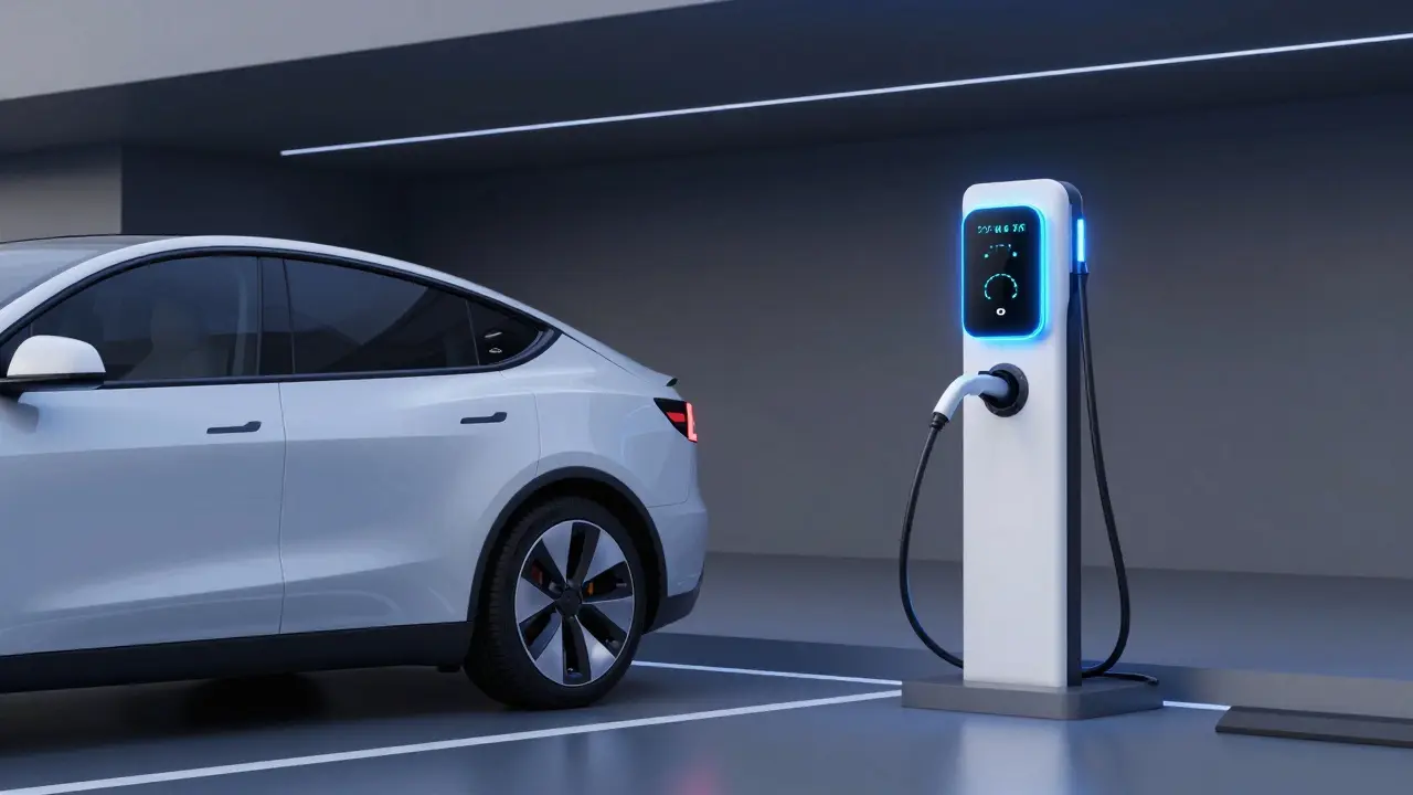 Elektromobil zapojený do moderní nabíjecí stanice v inteligentní garáži.