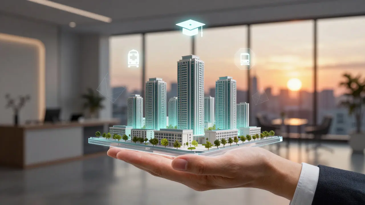 Hologram moderní čtvrti s ikonami vzdělání a dopravy symbolizující investiční strategii.