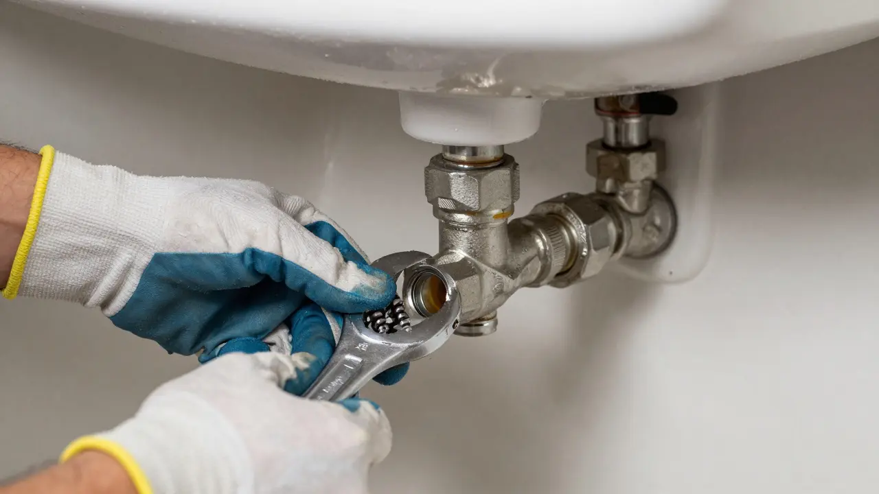 Instalatér opravující prasklé potrubí pod dřezem.