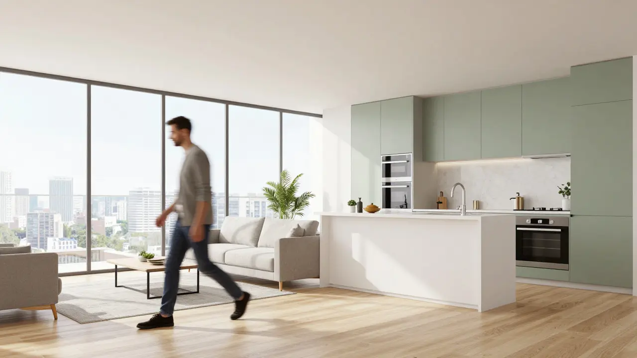 Interiér moderního, světlého bytu dispozice 2+kk v minimalistickém stylu.