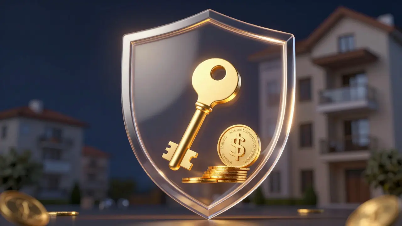 Klíč a peníze v ochranném krytu symbolizující bezpečí advokátní úschovy při koupi domu.
