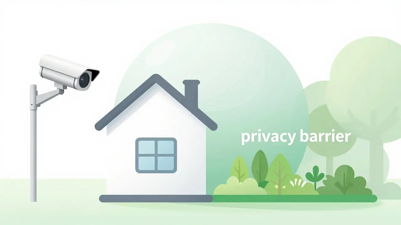 Konceptuální ilustrace ochrany domova s respektem k soukromí sousedů.