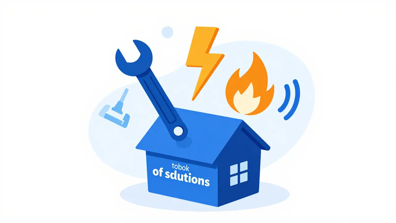 Konceptuální ilustrace symbolů řemeslných služeb nad domem.