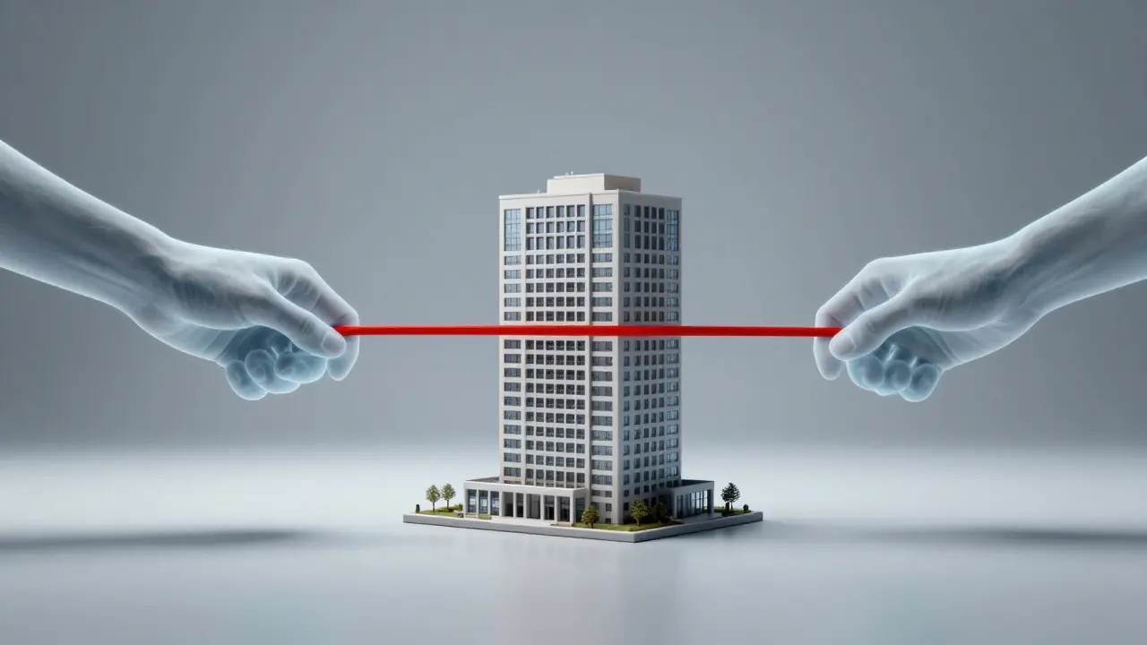 Konceptuální obraz přetahování o nemovitost mezi dvěma stranami sporu.