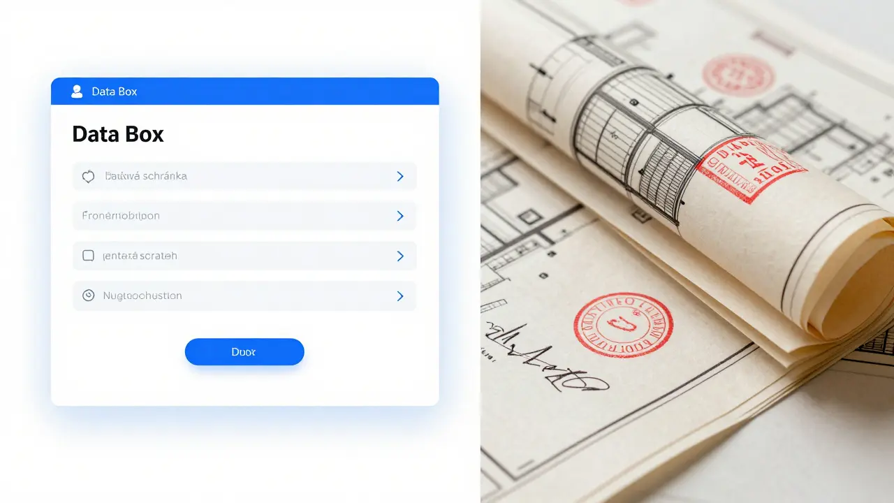 Konceptuální spojení digitální datové schránky a tištěných projektů s razítky.