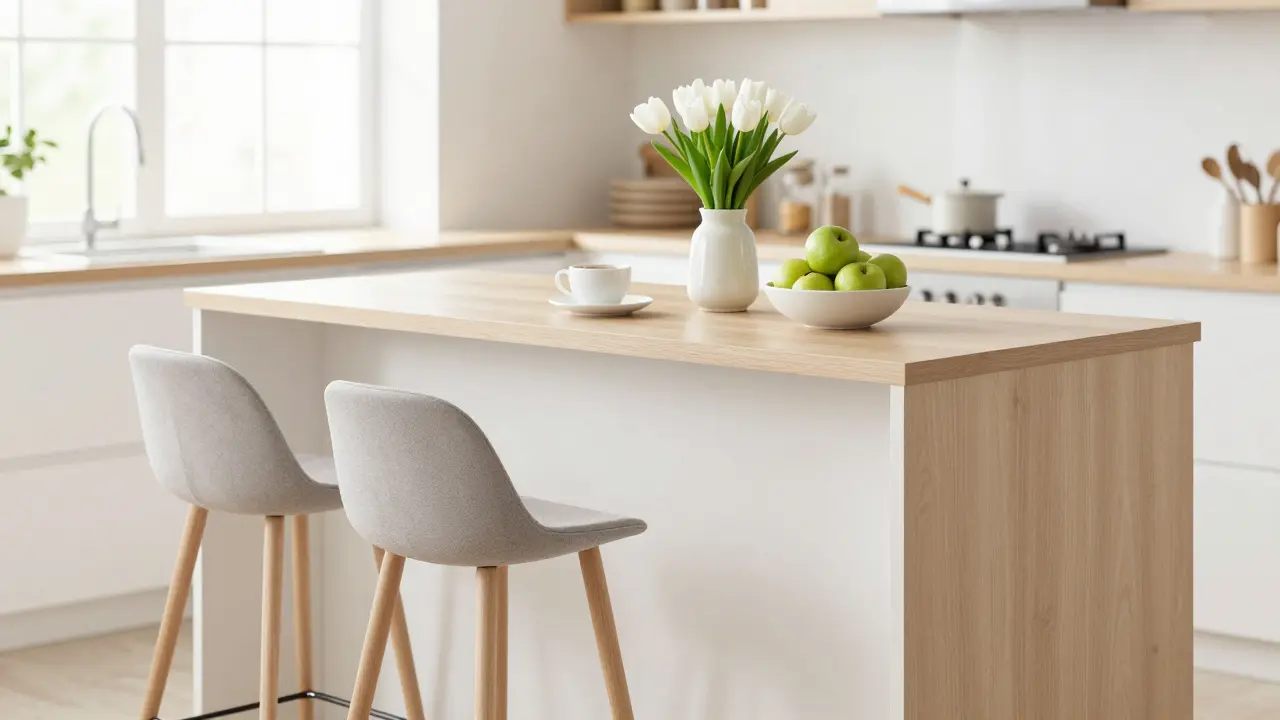 Kuchyňský ostrovec se sezením a čerstvými květinami v útulném, světlém interiéru.