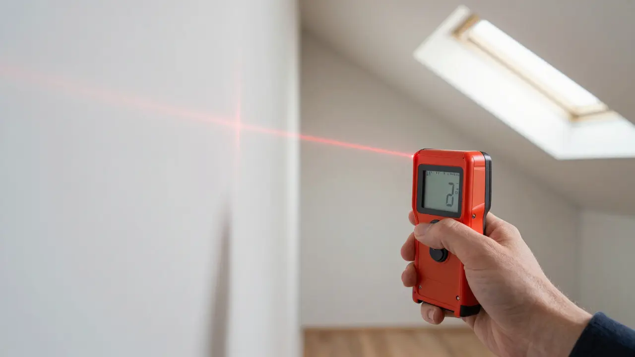 Měření výšky šikmého stropu v podkrovním bytě pomocí laserového dálkoměru.