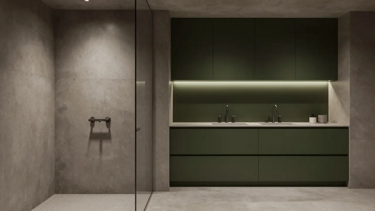 Moderní interiér s betonovou stěrkou v koupelně a olivově zeleným skleněným obkladem v kuchyni.